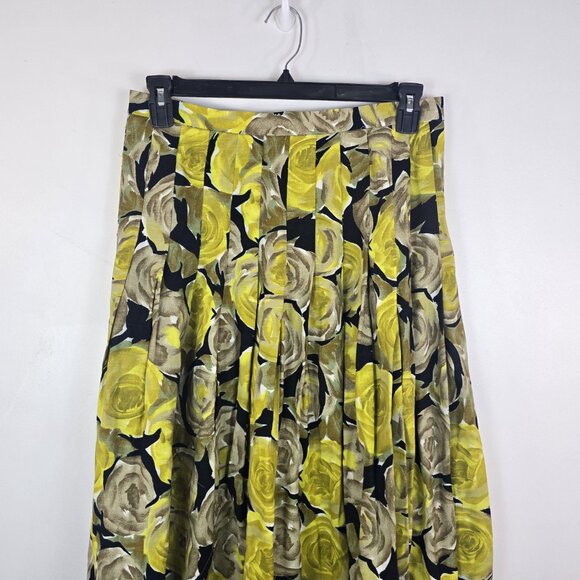 Ann Taylor Skirt Womens 8 Yellow Floral Rose Print Pleated Midi Made USA - Picture 2 of 12